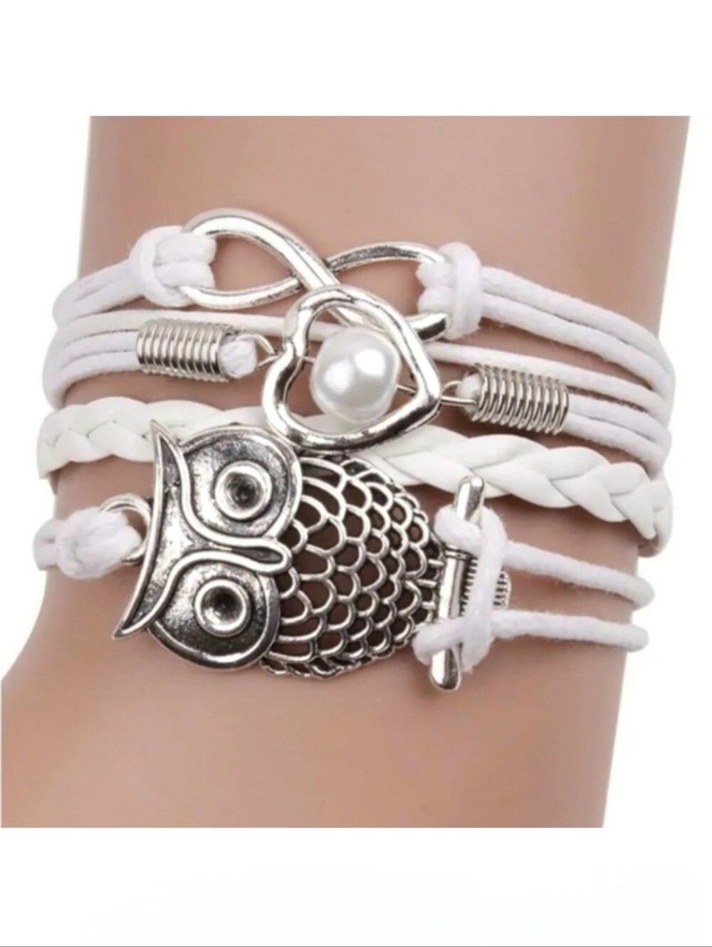 White Silver Owl Infinity Heart Pearl Layered Tiered Rope Charm Bracelet
